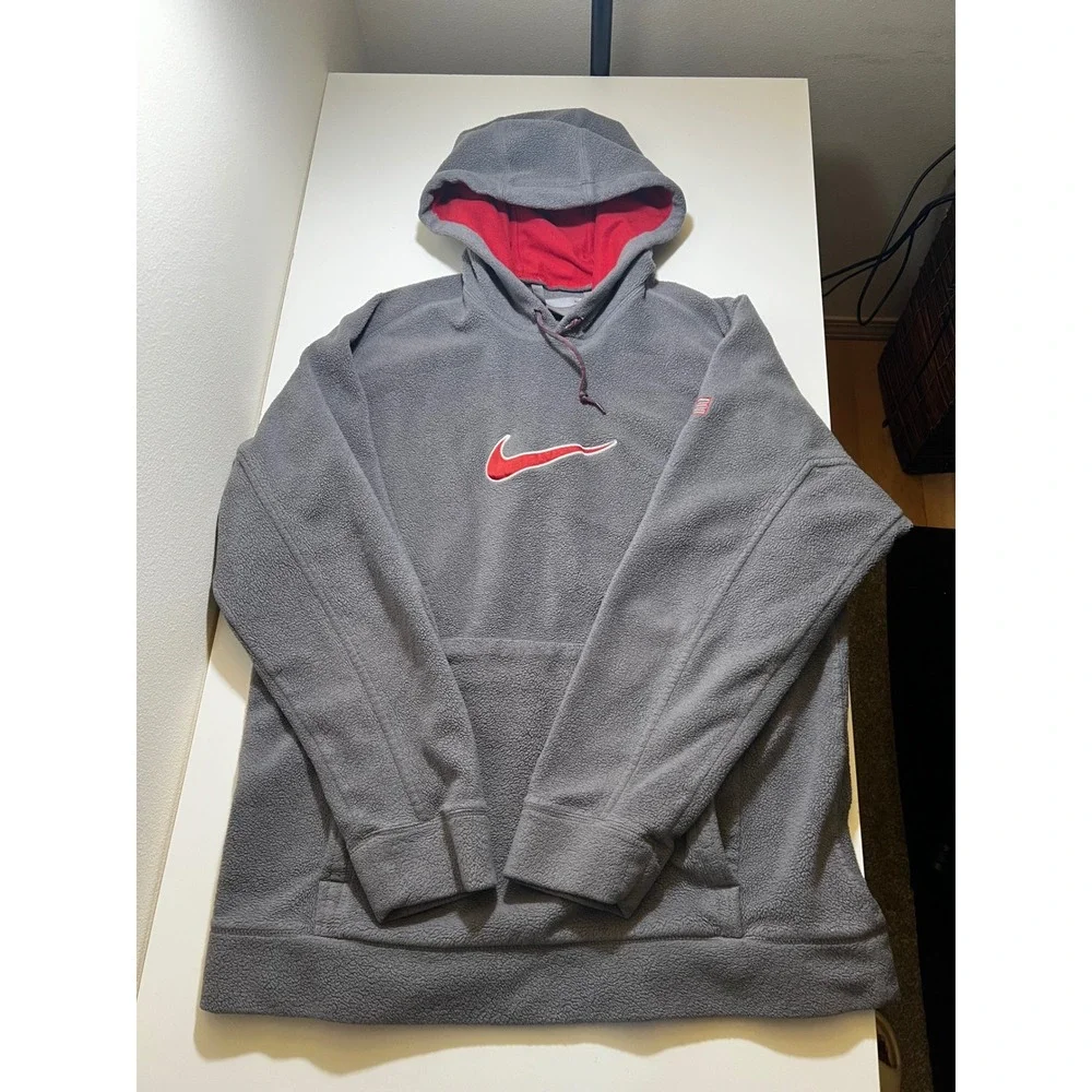 Vintage Nike Mens Hoodie Large Grey Red Center Swoosh Fleece Pullover Y2K